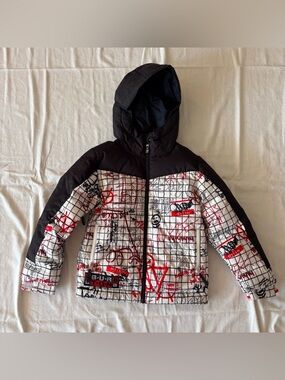 Burton Kids Puffer Jacket in Black, White & Red Graffiti Print